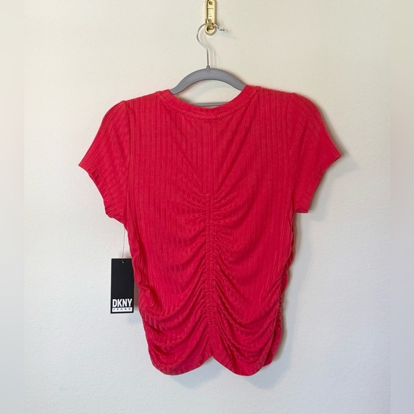 DKNY Coral Red Ruched Short Sleeve Cute Top NWT- Size Small - Picture 7 of 8
